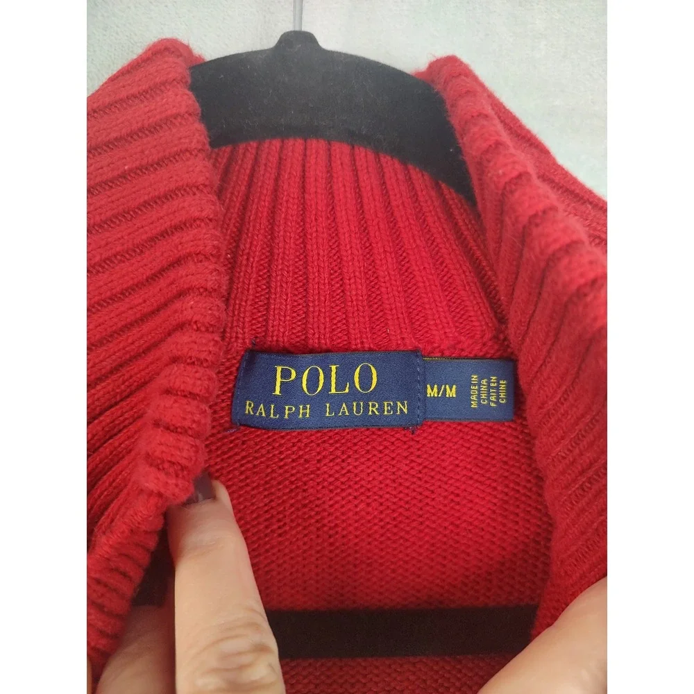 Polo Ralph Lauren Mens Red Cotton Knit 3 Button Mock Neck Pullover Sweater‎